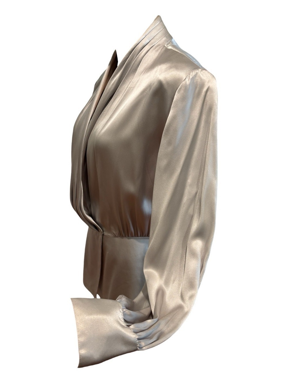 80s FRANCESCA DAMON SILK SATIN PALE GRAY DRAPED WRAP PEPLUM BLOUSE LUXURY SZ 10 - Picture 4 of 8